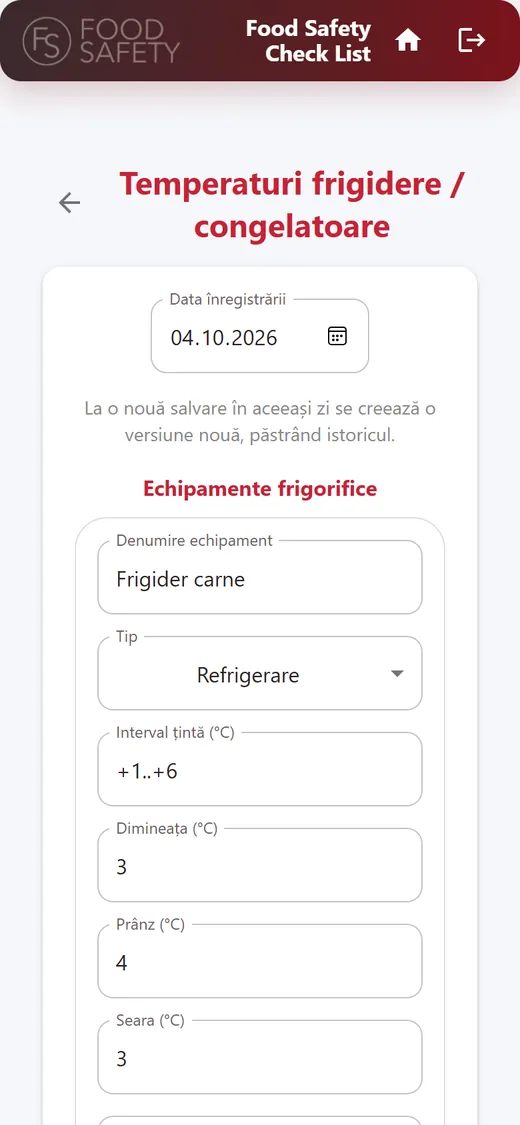 Registrul de temperaturi pentru frigidere completat pe telefon în aplicația FoodSafety.ro