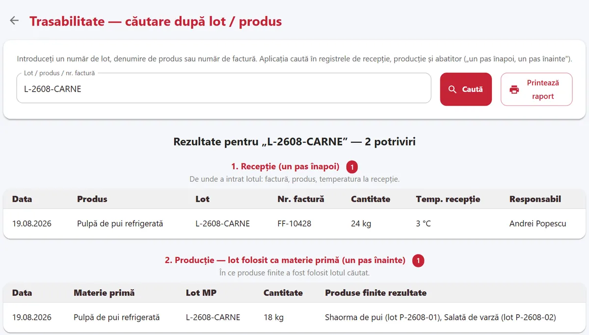 Căutare după lotul L-2608-CARNE în aplicație: recepția lotului și produsele finite în care a fost folosit